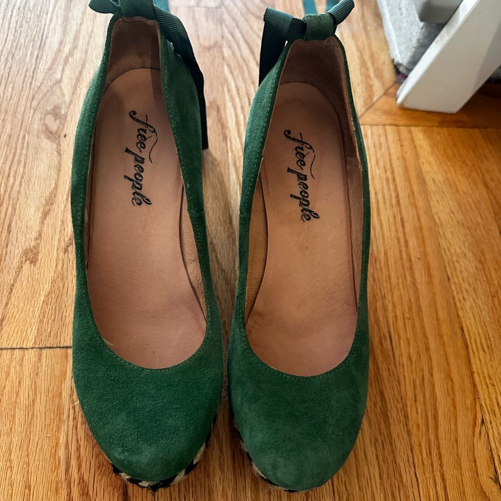 Free People Emerald Green Suede Wedge Heels with Ankle Tie